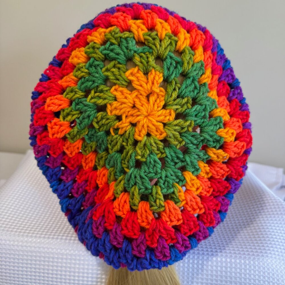 HANDCRAFTED Crochet Rainbow Mandala Slouch Beanie Beret Hat - Picture 4 of 6
